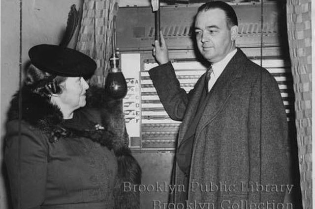 November, 1940: "Borough head casts ballot--Borough President [John] Cashmore, shown with Mrs. Cashmore, voted at 6 a.m. today at a tailor shop at 225 Reid Ave."
